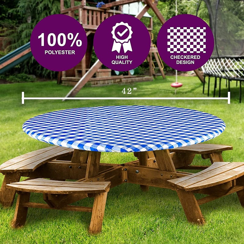 Sorfey Round Tablecloth -Fitted with Elastic, Vinyl with Flannel Back, Fits for Table 42 Inches Round,Water Proof, Easy to Clean, Checked Blue Design - Image 2
